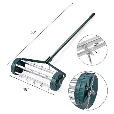 18 Inch Rolling Lawn Aerator with Metal Spikes and Anti-Slip Handle