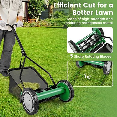 14 Inch Push Lawn Mower with 5 Steel Blades and Grass Catcher Bag