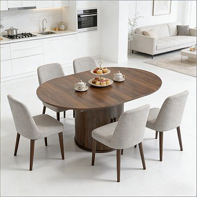 Walnut Expandable Dining Table Farmhouse Space-Saving Table with Storage