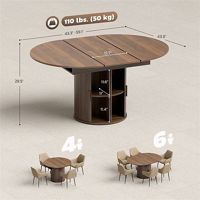 Walnut Expandable Dining Table Farmhouse Space-Saving Table with Storage