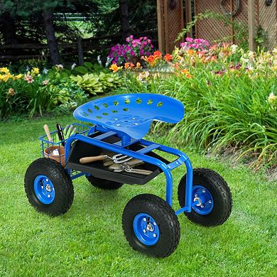 Garden Cart Rolling Work Seat With Heavy Duty Tool Tray Gardening Planting