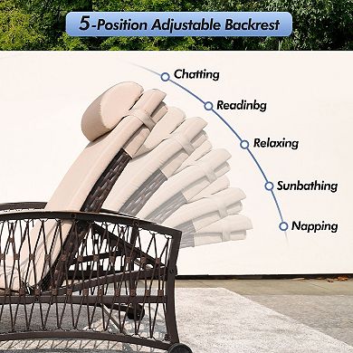 Outdoor Wicker Chaise Lounge with 5-Position Backrest and Khaki Thickened Cushions( Set of 2)