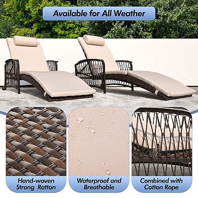 Outdoor Wicker Chaise Lounge with 5-Position Backrest and Khaki Thickened Cushions( Set of 2)