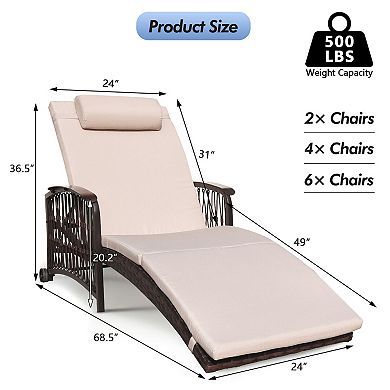 Outdoor Wicker Chaise Lounge with 5-Position Backrest and Khaki Thickened Cushions( Set of 2)