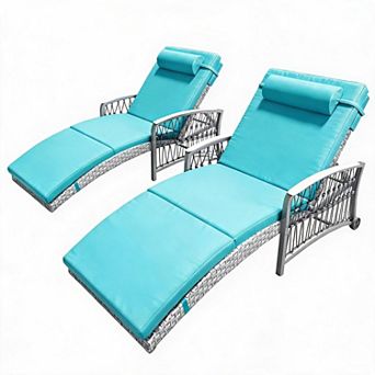 Outdoor Wicker Chaise Lounge with 5-Position Backrest and Khaki Thickened Cushions( Set of 2)