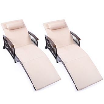 Outdoor Wicker Chaise Lounge with 5-Position Backrest and Khaki Thickened Cushions( Set of 2)