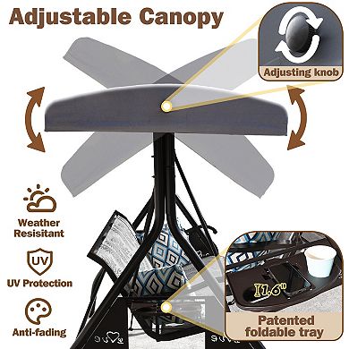 3 Person Patio Porch Swing Chair with Adjustable Canopy and Upgraded Cup Holders