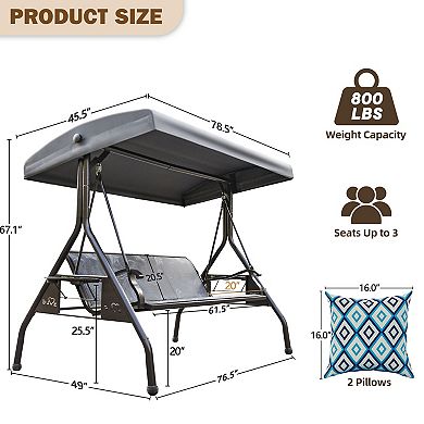 3 Person Patio Porch Swing Chair with Adjustable Canopy and Upgraded Cup Holders