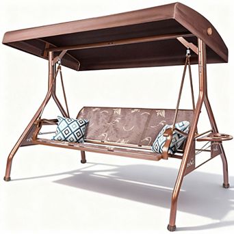 3 Person Patio Porch Swing Chair with Adjustable Canopy and Upgraded Cup Holders