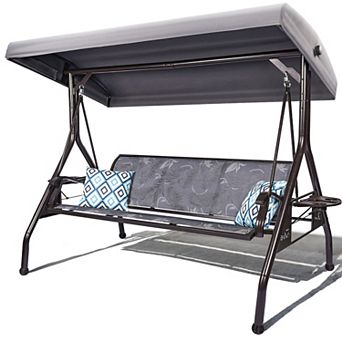 3 Person Patio Porch Swing Chair with Adjustable Canopy and Upgraded Cup Holders