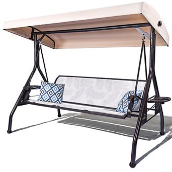 3 Person Patio Porch Swing Chair with Adjustable Canopy and Upgraded Cup Holders