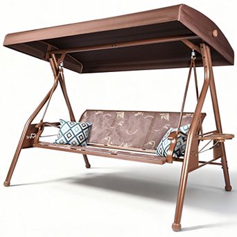 3 Person Patio Porch Swing Chair with Adjustable Canopy and Upgraded Cup Holders Heavy Duty 800 LBS