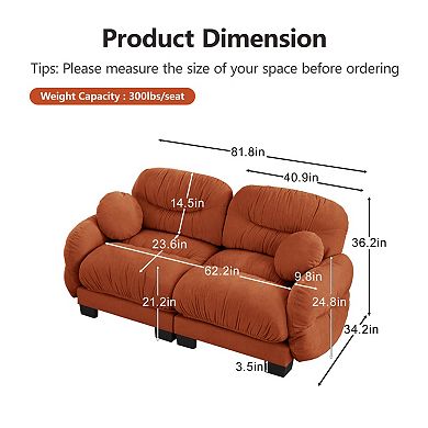 2 Seater Modular Sofa, Chenille Fabric with Pleated Design, Ergonomic Comfort for Apartment, Living