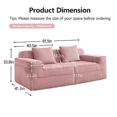 Modular 2 Seat Boneless Sofa, No Assembly Corduroy Couch, Cloud Comfort for Living Room & Apartment