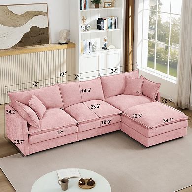 102 " L Shaped Modular Sectional Sofa, 3-Seater Chenille Couch with Movable Ottoman for Living Room