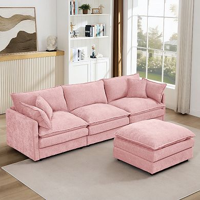 102 " L Shaped Modular Sectional Sofa, 3-Seater Chenille Couch with Movable Ottoman for Living Room