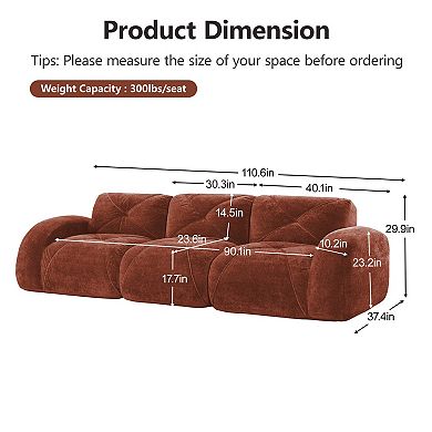 110'' Boneless Modular Sofa, Soft Velvet & 32D Sponge, No Assembly, for Living Room Study