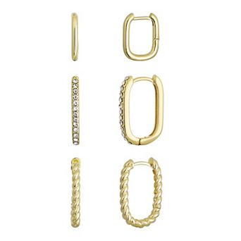 Adornia 14k Gold Flash Plated 3-Pair Rectangle Hoop Earring Set