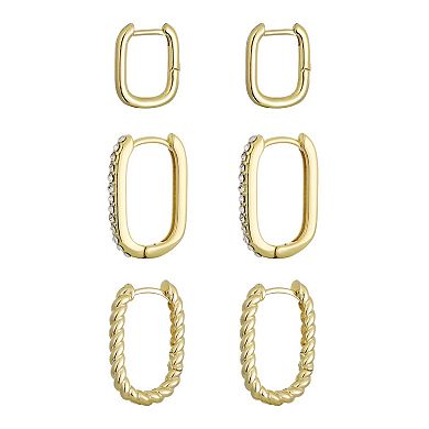 Adornia 14k Gold Flash Plated 3-Pair Rectangle Hoop Earring Set