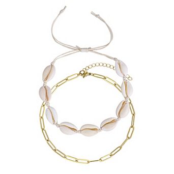 Adornia 18k Gold Flash Plated 2 pc Adjustable Shell & Paperclip Link Anklet Set