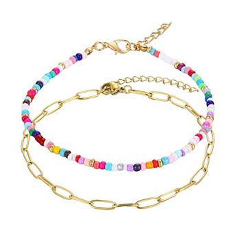Adornia Tarnish Resistant 18k Gold Flash Plated 2 pc Paperclip & Color Bead Anklet Set