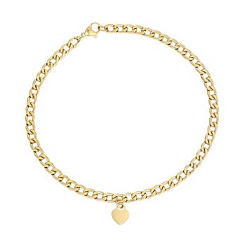 Adornia Tarnish Resistant 18k Gold Flash Plated Curb Link Anklet with Dangling Heart Charm