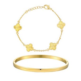 Adornia 14k Gold Flash Plated 2 pc Clover Bracelet & Cuff Bracelet Set