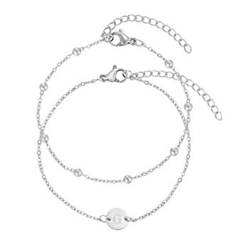 Adornia Tarnish Resistant Silver 2 pc Initial Engraved & Paperclip Chain Bracelet Set
