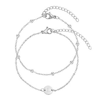 Adornia Tarnish Resistant Silver 2 pc Initial Engraved & Paperclip Chain Bracelet Set