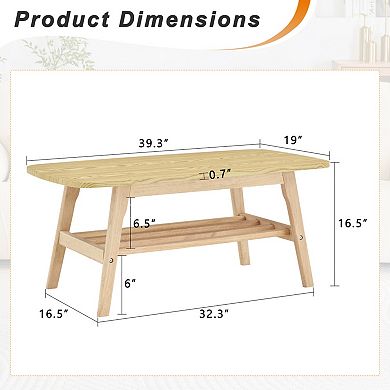 39 Inch Solid Wood Coffee Table, Double-Layer Large Storage, Easy Assembly for Living Room Apartment