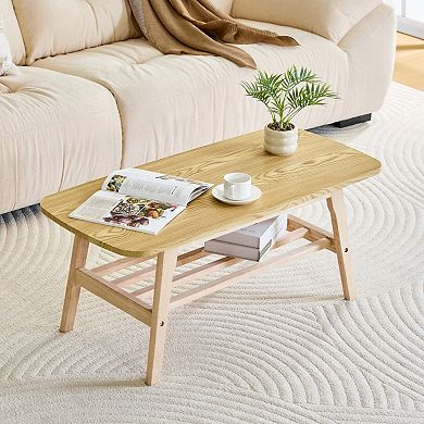 39 Inch Solid Wood Coffee Table, Double-Layer Large Storage, Easy Assembly for Living Room Apartment