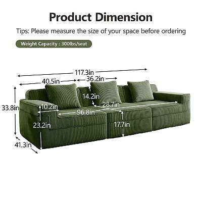 Modular 3 Seat Boneless Sofa, Corduroy Fabric, Spacious for Living Room Bedroom, No Assembly Needed
