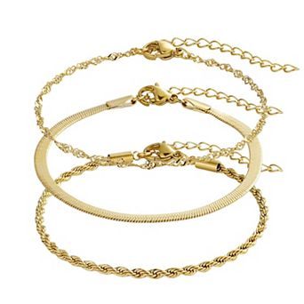 Adornia Tarnish Resistant 18k Gold Flash Plated 3 pc Chain Bracelet Set