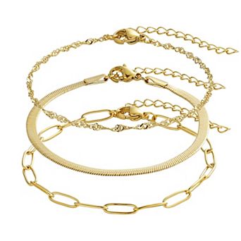 Adornia Tarnish Resistant 18k Gold Flash Plated 3 pc Multi Chain Bracelet Set
