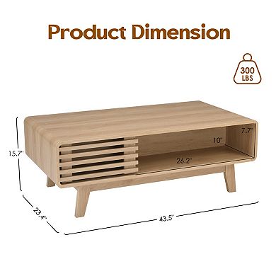 Mid Century Farmhouse Wood Coffee Table with Storage, Compartments, Sturdy for Living Room