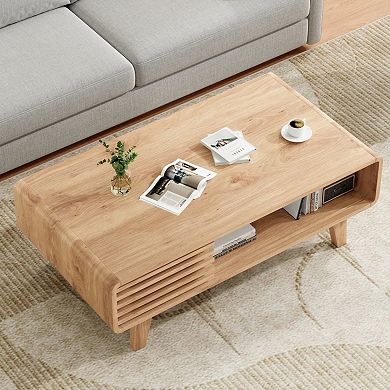 Mid Century Farmhouse Wood Coffee Table with Storage, Compartments, Sturdy for Living Room