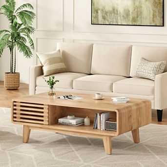 Mid Century Farmhouse Wood Coffee Table with Storage, Compartments, Sturdy for Living Room