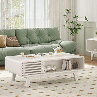Mid Century Farmhouse Wood Coffee Table with Storage, Compartments, Sturdy for Living Room