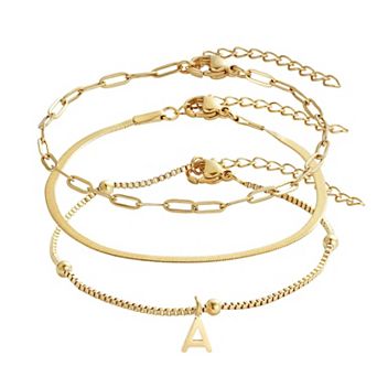 Adornia Tarnish Resistant 18k Gold Flash Plated 3 pc Chain Bracelet Set with Initial Charm