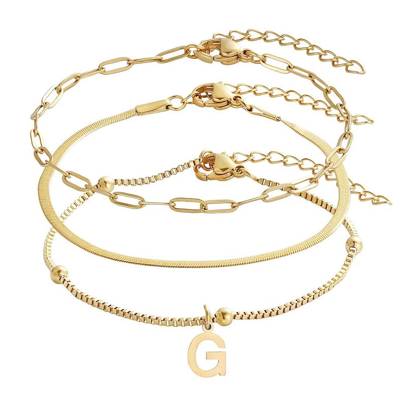 Adornia Tarnish Resistant 18k Gold Flash Plated 3-Piece Chain Bracelet Set with Initial Charm, Women's,