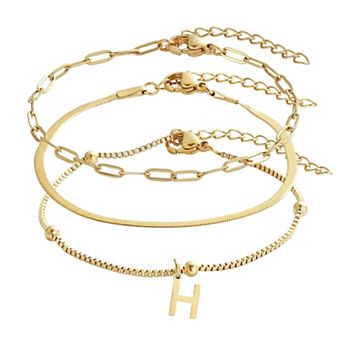 Adornia Tarnish Resistant 18k Gold Flash Plated 3 pc Chain Bracelet Set with Initial Charm