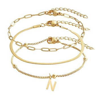 Adornia Tarnish Resistant 18k Gold Flash Plated 3 pc Chain Bracelet Set with Initial Charm