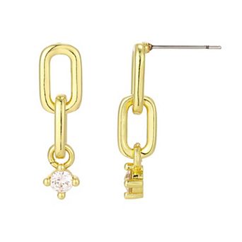 Adornia 14k Gold Flash Plated Mini Paperclip Link Drop Earrings with Cubic Zirconia Ends