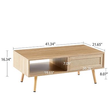41.34" Coffee Table with Sliding Storage Door & Solid Wood Legs, Modern for Living Room/Office