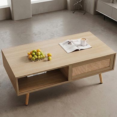 41.34" Coffee Table with Sliding Storage Door & Solid Wood Legs, Modern for Living Room/Office