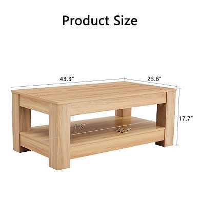 Natural Wood Coffee Table, Double-Layer Storage,250lb Load Capacity Industrial Style for Living Room