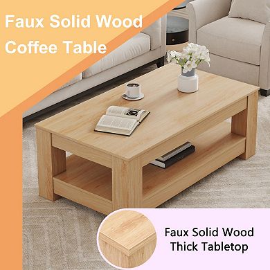Natural Wood Coffee Table, Double-Layer Storage,250lb Load Capacity Industrial Style for Living Room