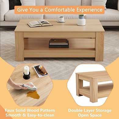Natural Wood Coffee Table, Double-Layer Storage,250lb Load Capacity Industrial Style for Living Room