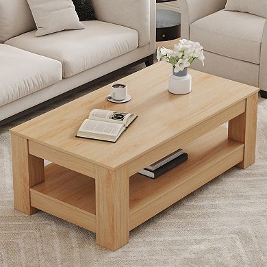 Natural Wood Coffee Table, Double-Layer Storage,250lb Load Capacity Industrial Style for Living Room