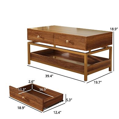 39.4" Modern Coffee Table with 2 Drawers & Open Shelf, for Living Room Apartment